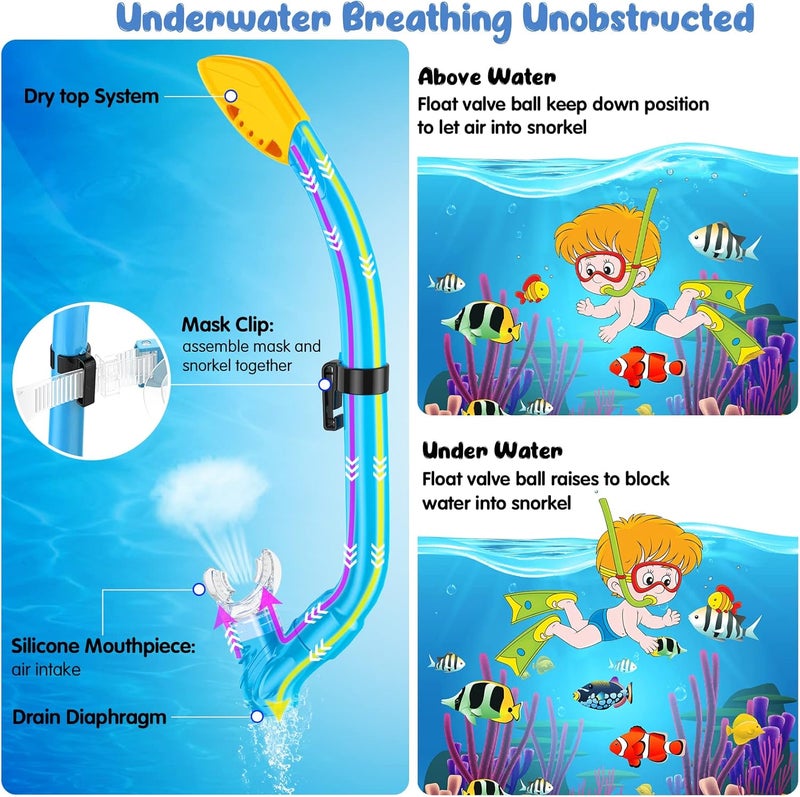 Seovediary Kids Snorkel Set, Mask Fins Snorkeling Gear for Kids Anti-Fog Swim Goggles 180 Panoramic View Dry Top Snorkel and Dive Flippers Combo with Travel Bag for Snorkeling Training Swimming Diving - Image 3